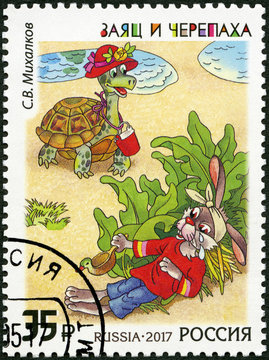 RUSSIA - 2017: shows The Tortoise and the Hare by Sergey Vladimirovich Mikhalkov (1913-2009), Literature Heritage of Russia, Russian Fables