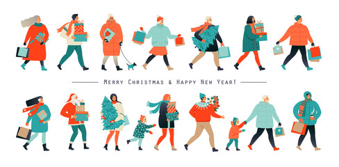 Merry Christmas and New Year. Holiday family set. Parents and children decorate the Christmas tree. Vector illustration in a flat style.