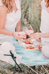 Hands of two women holding two glasses of pink wine on the sunset picnic.