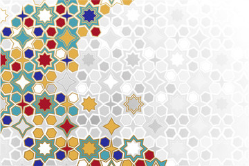 Arabic ornamental Background in color. Islamic ornamental colorful detail of mosaic. arabic, east, indian ornament, persian motif, 3D. simple geometric.Ramadan Kareem gold greeting card, banner.