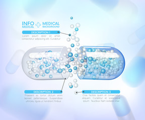 capsules info graphic. Painkillers, antibiotics, vitamins, amino acids, minerals, bio active additive, sports nutrition. Icons of medicament. Medical illustration on blue background.