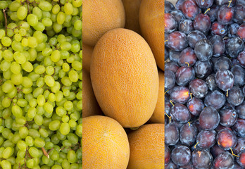 Collage three photos: green grapes, ripe yellow melon, blue plum. Fresh fruit, harvest counter at the farmers market.