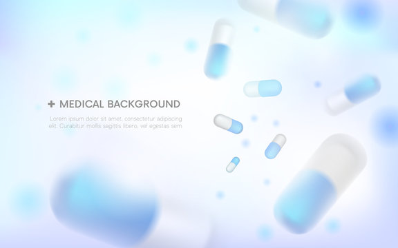 Medical background.blurred capsules. Painkillers, antibiotics, vitamins, amino acids, minerals, bio active additive, sports nutrition. Icons of medicament.
