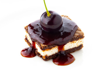 waffle cake with cherry and syrup isolated on white