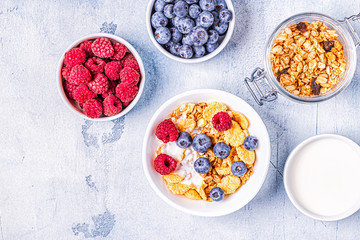 Healthy breakfast, muesli, cereal with fruit.
