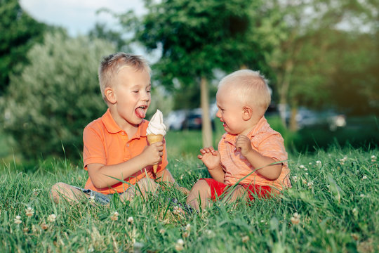 Two Caucasian Funny Children Boys Siblings Sitting Together Eating Sharing One Ice-cream. Toddler Younger Baby Crying And Older Brother Teasing Him. Love Envy Jealous Brothers Friendship.