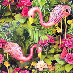 Seamless Pattern with Flamingos. Hand Painted Tropical Illustration, Artistic Background.