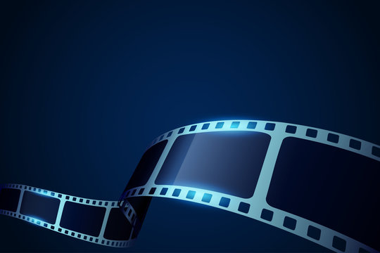 Cinema blue background with film reel. Realistic 3d film strip in perspective. Design template film for poster, brochure, tickets,flyer, leaflet or your idea. Movie time background.Vector illustration