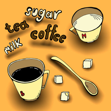 Coffee and tea cups black ink vector illustration. mugs of coffee and milk sugar cubes spoon