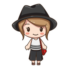 Vector illustration of cute chibi character isolated on white background.  Cartoon little girl in grey hat, white blouse and black trousers.