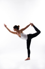 Yoga poses on white background, copy space