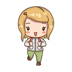 Vector illustration of cute chibi character isolated on white background.  The girl traveler with a backpack in clothes for hiking. 