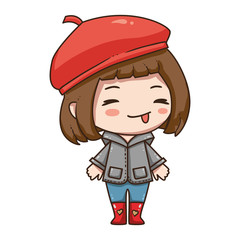 Vector illustration of cute chibi character isolated on white background.  Cartoon little girl in grey coat, red boots and beret. 