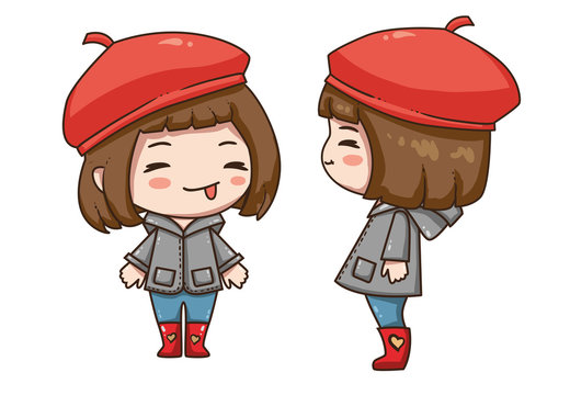 Vector illustration of cute chibi character isolated on white background.  Cartoon little girl in grey coat, red boots and beret.