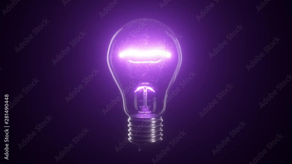 Poster flickering tungsten purple light bulb lamp over black isolated background. seamless loop 3d render