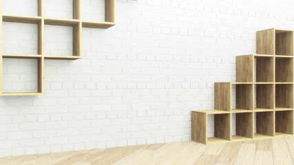 Wooden shelf over white brick wall background. Empty wooden shelf in realistic style. Wood decoration. Banner template. Natural wooden furniture. 3d render