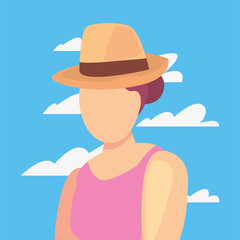 beautiful woman with swimsuit and hat summer time