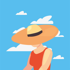 beautiful woman with swimsuit and hat summer time