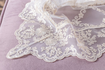 Fototapeta premium Close up of Beautiful White Tulle. Sheer Curtains Fabric Sample. Texture, Background, Pattern. 