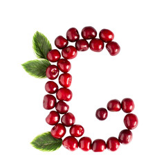 One English letter G Alphabet of ripe cherries. Isolate on white background. Summer, healthy concept.
