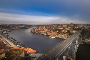 Aerial view of Dom Luis Bridge at the morning, Porto, Portugal
