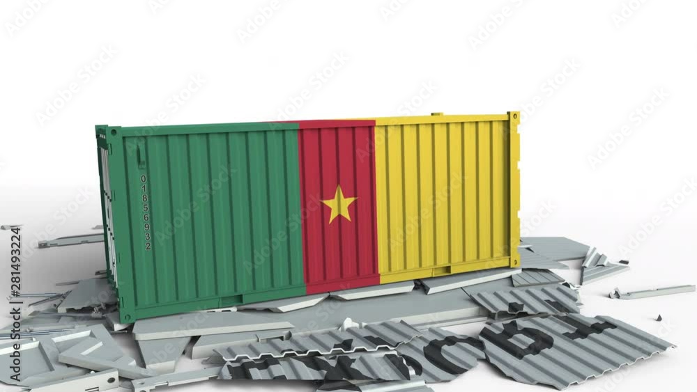 Poster cargo container with flag of cameroon breaks container with export text. conceptual 3d animation