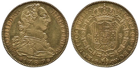 Spain Spanish golden coin 4 four escudo 1787, bust of King Charles III right, crowned shield with designs surrounded by order chain, 