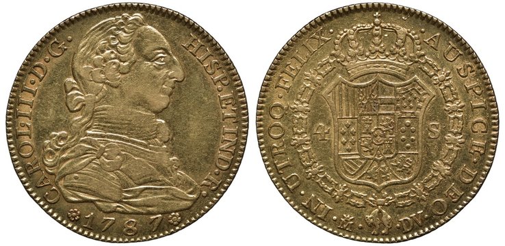 Spain Spanish golden coin 4 four escudo 1787, bust of King Charles III right, crowned shield with designs surrounded by order chain, 