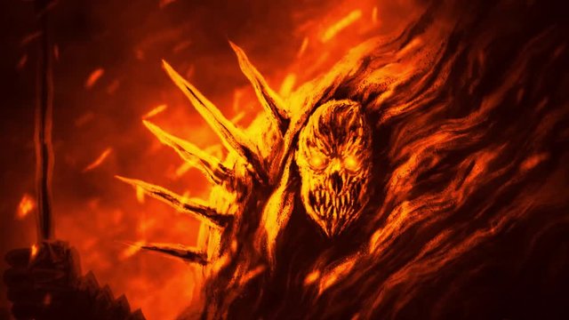 Infernal demon knight with developing cloak is burning in hell. Animation in genre of horror fantasy. Orange background. 