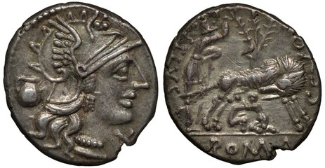 Roman Republic silver coin denarius 137 BC, coinage of Sextus Pompeius Fostlus, helmeted head of...