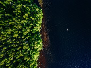 Aerial view of blue lake with a fishing boat and green woods on a sunny summer day in Finland.