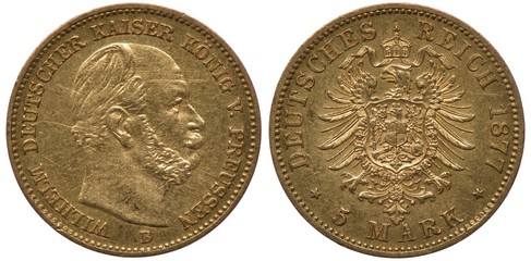 Germany German Prussia Prussian rare denomination golden coin 5 five mark 1877, head of King Wilhelm right, eagle of old type with shield on chest surrounded by order chain, crown above,