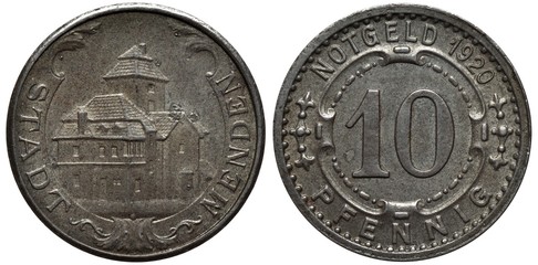 Germany German City of Menden iron coin 10 ten pfennig 1920, emergency money, large house within ribbon, denomination and date,