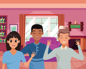 Fototapeta na wymiar Happy family smiling inside home cartoons