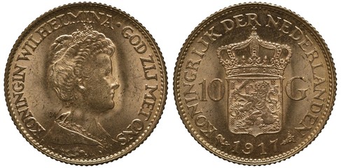 The Netherlands Dutch golden coin 10 ten gulden 1917, younger bust of Queen Wilhelmina right,...