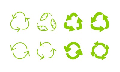 Recycle green eco arrows icon set. Recycling symbol. Rotation reload refresh circle cycle arrow signs.