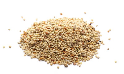 Mixed bird seeds, millet pile isolated on white background