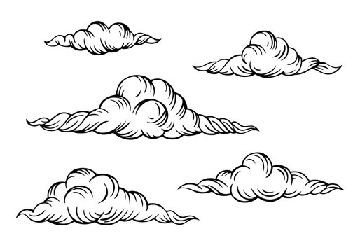 Clouds drawing in old style. Engraving, graphic black and white print for fabric and other designs, vector illustration.