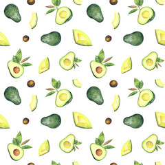 Seamless pattern with avocados, leaves on a  white background. Hand painted in watercolor.