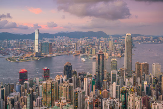 Panoramic view of Victoria Harbor and Hong Kong skyline