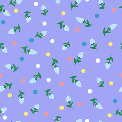 Fototapeta premium Floral seamless pattern of light blue buds, color dots, on a lilac background.