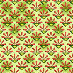 Seamless abstract pattern of coral suns, flowers, and color triangles, on a yellow-green spotted background.