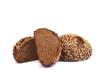 Malted bread with sesame isolated on white background. Sliced bread.