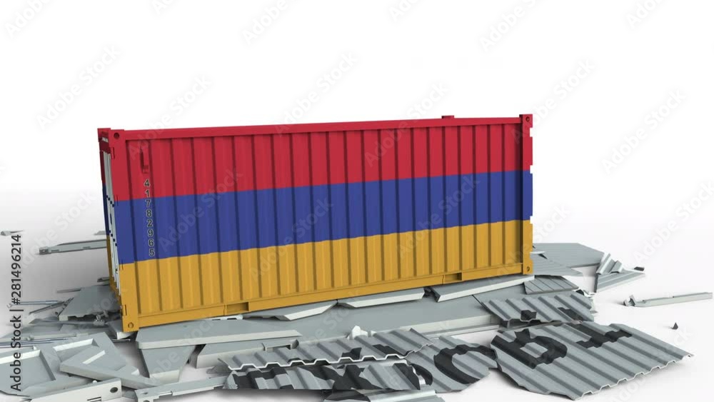 Poster container with flag of armenia breaks container with export text. conceptual 3d animation