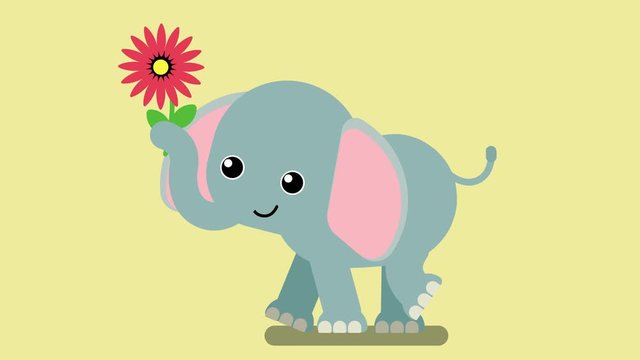 100 baby animals. Walk cycle of a cute baby elephant with red flower. 2D animation made in 4K, loopable clip , isolated on yellow
