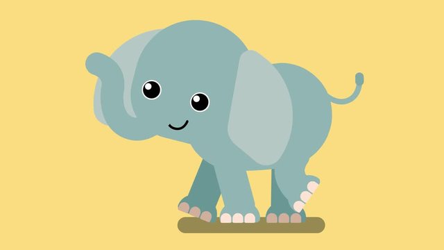 100 baby animals. Walk cycle of a cute baby elephant. 2D animation made in 4K, loopable clip , isolated on yellow