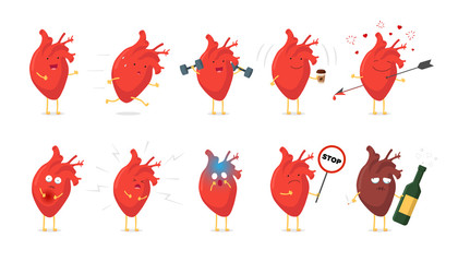 Sad sick unhealthy cry and healthy strong happy smiling cute heart character set. Medical human circulatory organ funny cartoon collection. Vector illustration