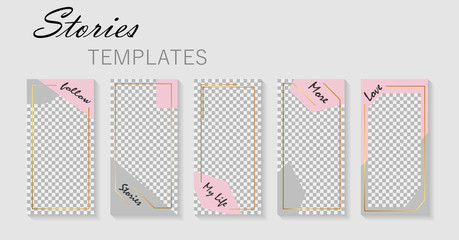 Set of social story template with grid.Design layout backgrounds for social media.Layout, cover for promotion, blog. Mockup of social post with gold frame.vector