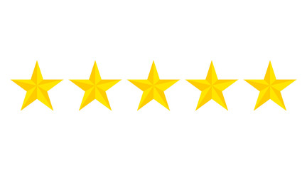 Five star rating icon.Evaluation hotel of 5 gold stars. Flat yellow stars on isolated background. vector