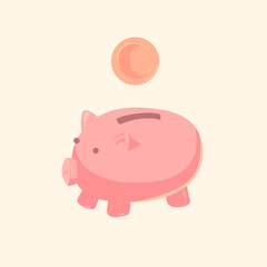 Pig piggy bank with coins vector illustration in flat style. The concept of saving or save money or open a bank deposit. The idea of an icon of investments in the form of a toy pig piggy bank.
